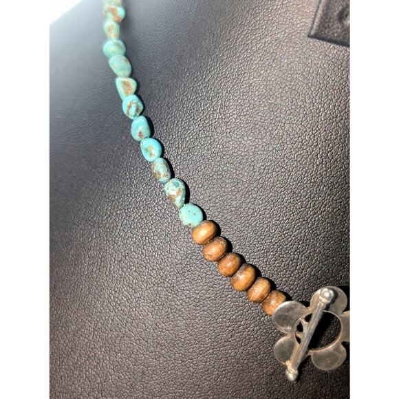 Turquoise Wood Bead Silver Tone Flower Toggle 15" Choker Necklace - Picture 3 of 6